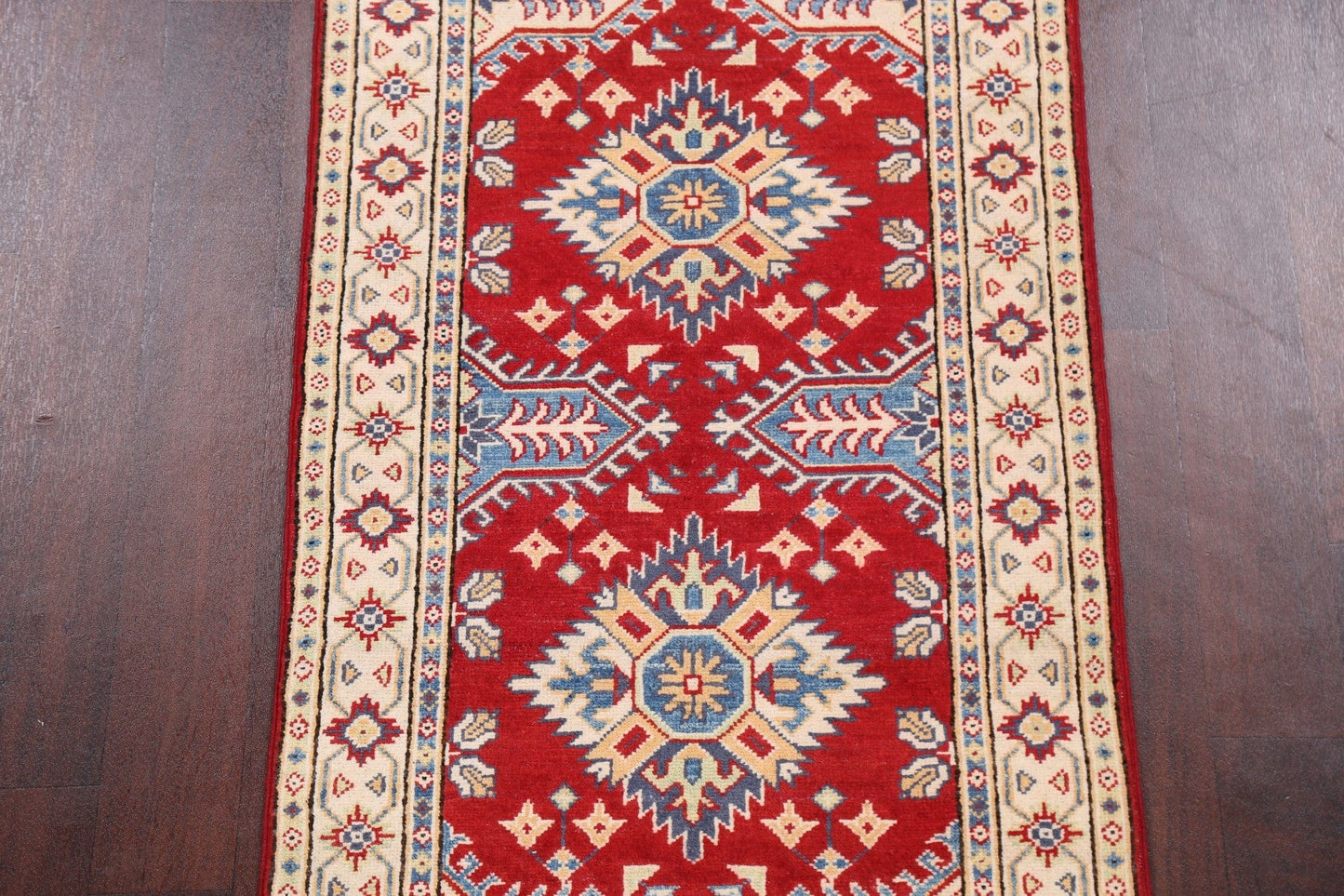 Geometric Red Kazak Oriental Runner Rug 3x9