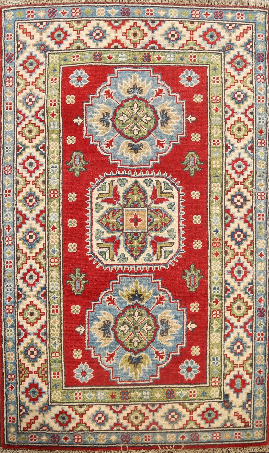 Geometric Red Kazak Oriental Area Rug 3x4