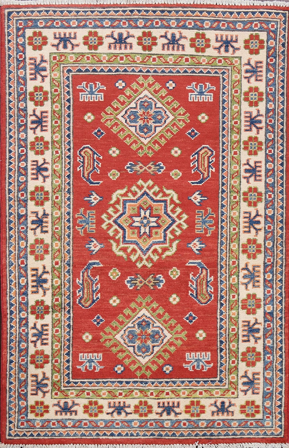 Geometric Red Kazak Oriental Area Rug 3x4