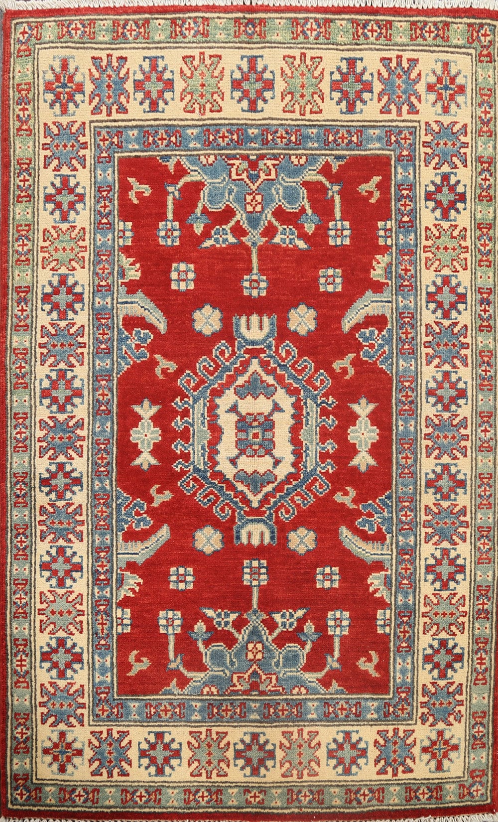 Geometric Red Kazak Oriental Area Rug 3x4