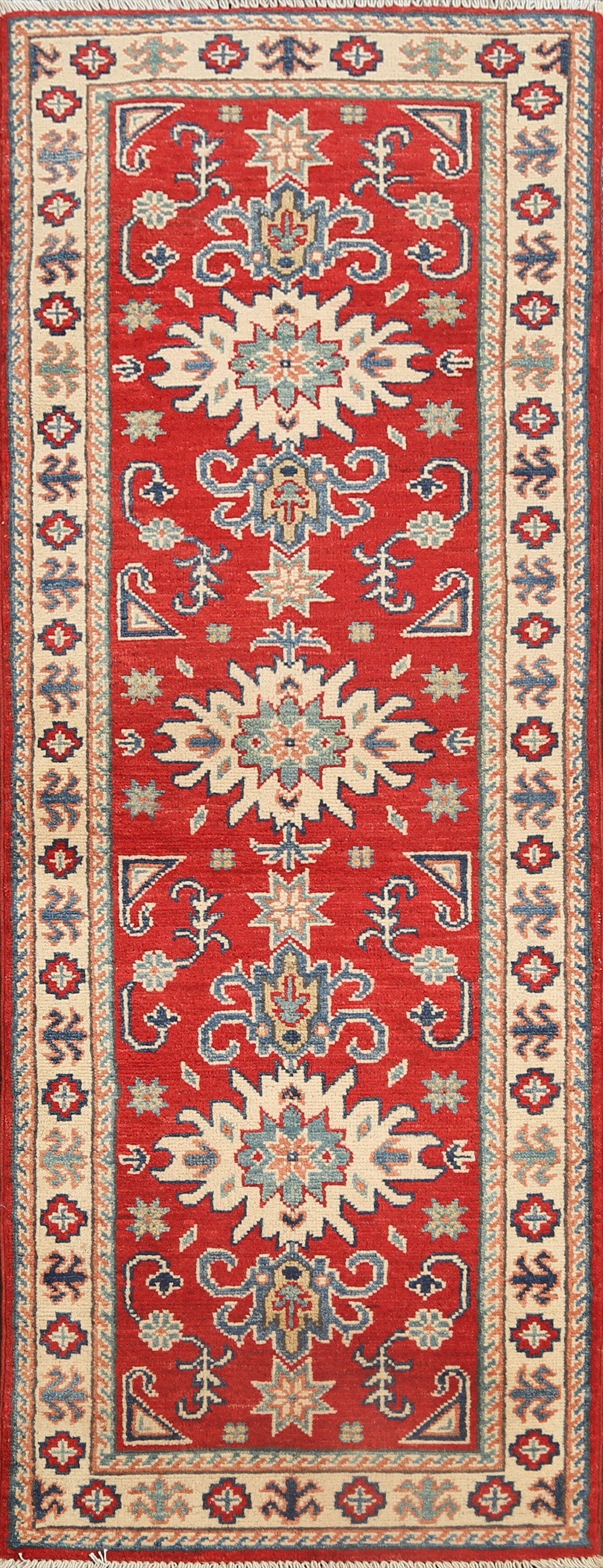 Geometric Red Kazak Oriental Runner Rug 2x6