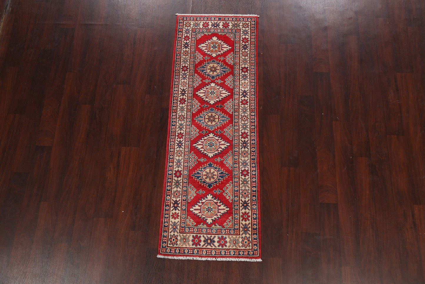 Geometric Red Kazak Oriental Runner Rug 2x6