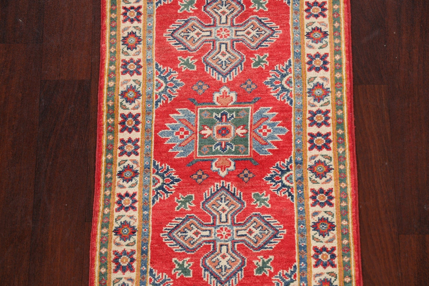 Red Geometric Kazak Oriental Runner Rug 2x6