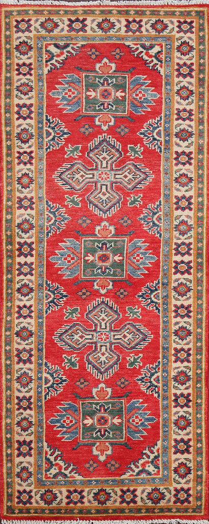 Red Geometric Kazak Oriental Runner Rug 2x6