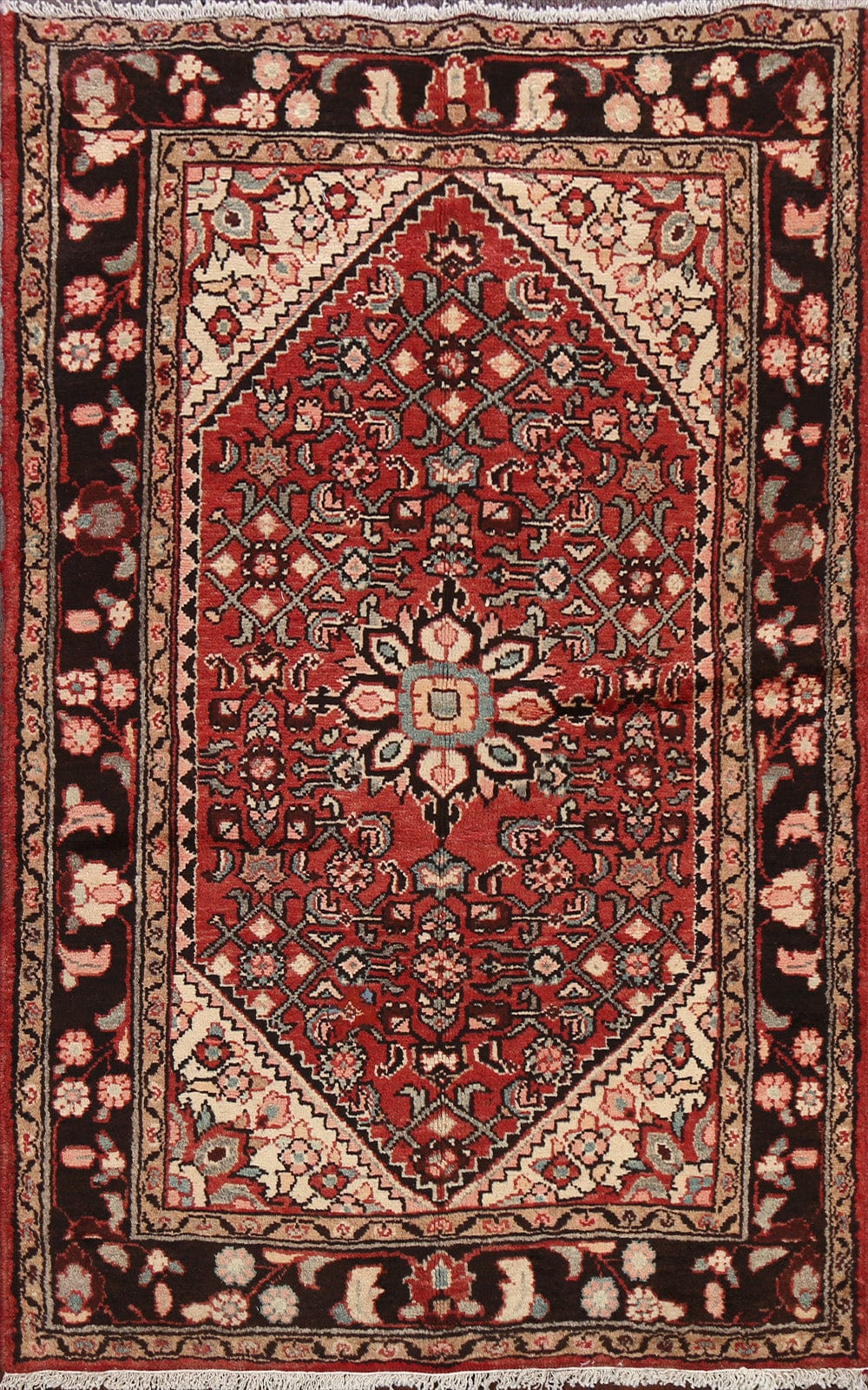 Geometric Red Hamedan Persian Area Rug 4x5