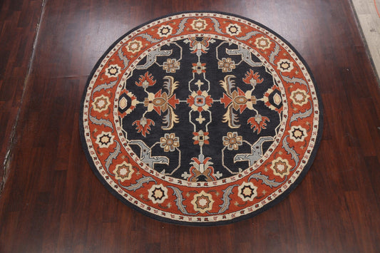 Floral Navy Blue Hand-Tufted Round Rug 8x8