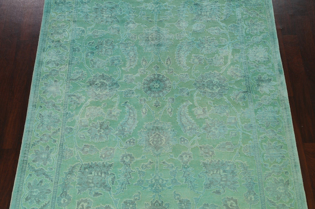 Vegetable Dye Carved Green Oushak Chobi Oriental Area Rug 7x10