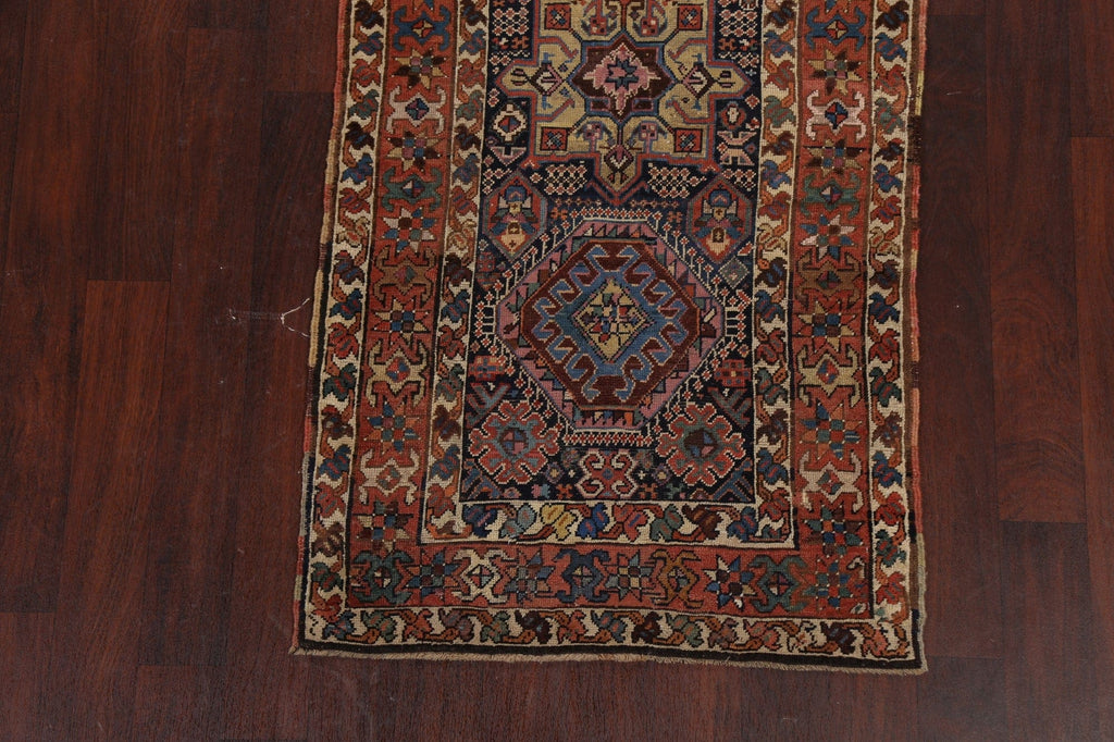 Pre-1900 Antique Vegetable Dye Kazak Oriental Runner Rug 3x11