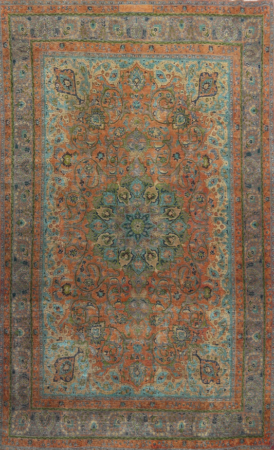 Distressed Floral Mashad Persian Area Rug 9x13