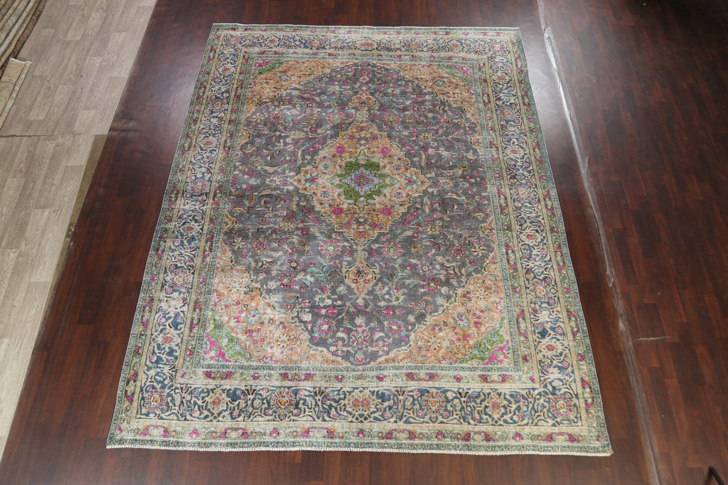 Traditional Distressed Mashad Persian Area Rug 9x12