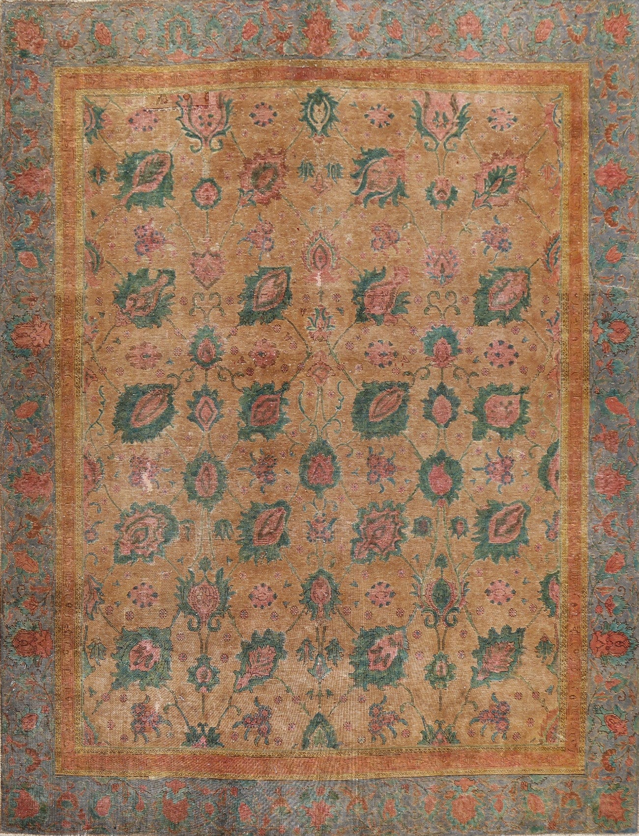 Antique Floral Distressed Tabriz Persian Area Rug 9x9