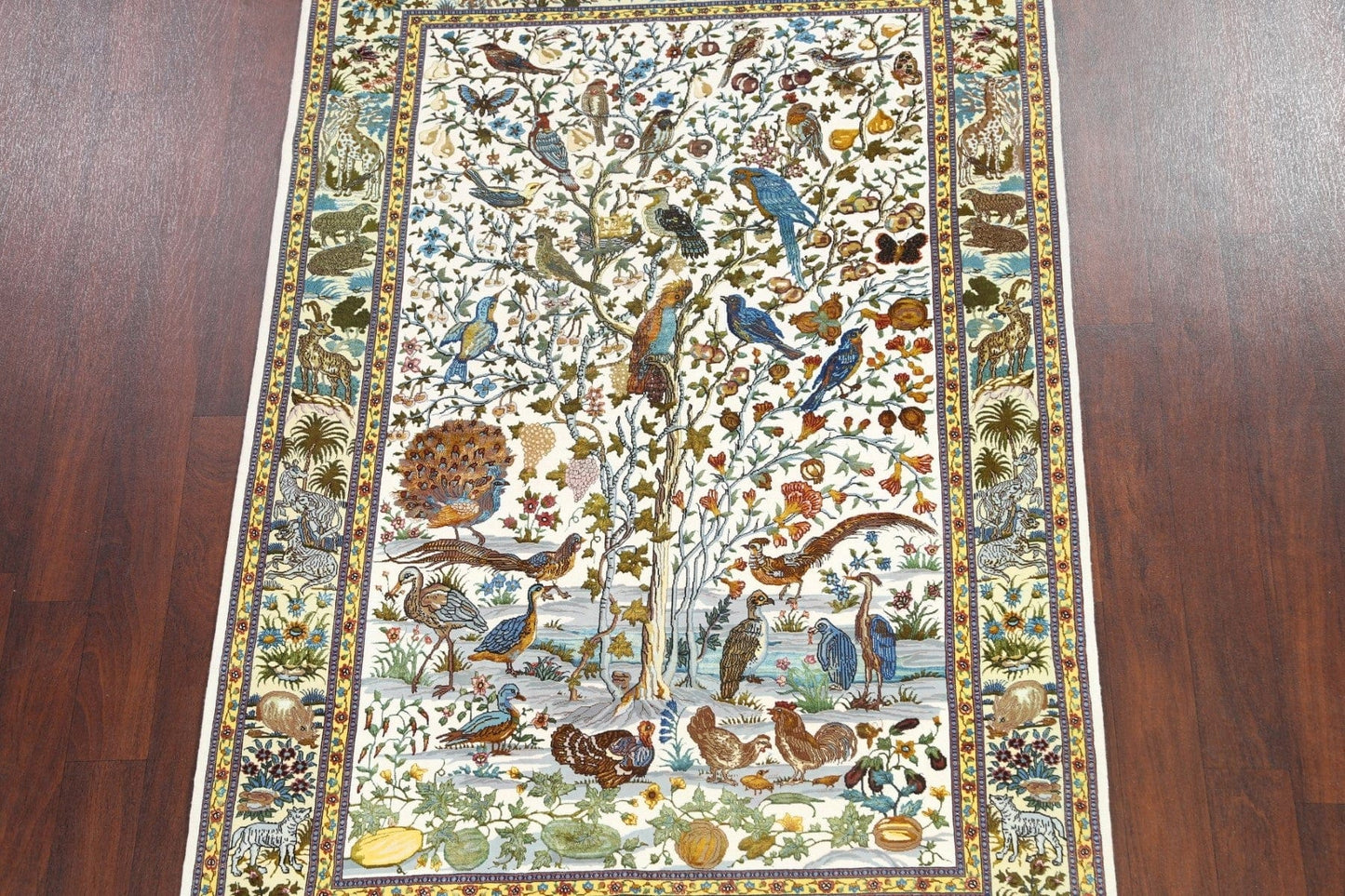 Animal Pictorial Silk Tabriz Persian Area Rug 5x7