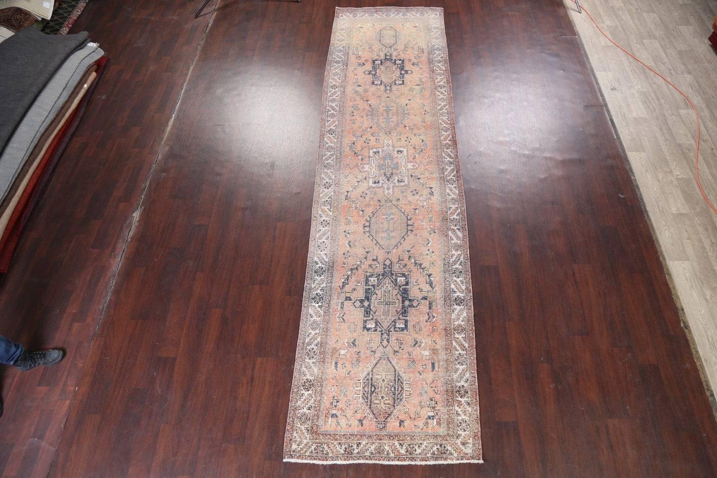 Antique Muted Distressed Heriz Persian Rug 4x14 Runner