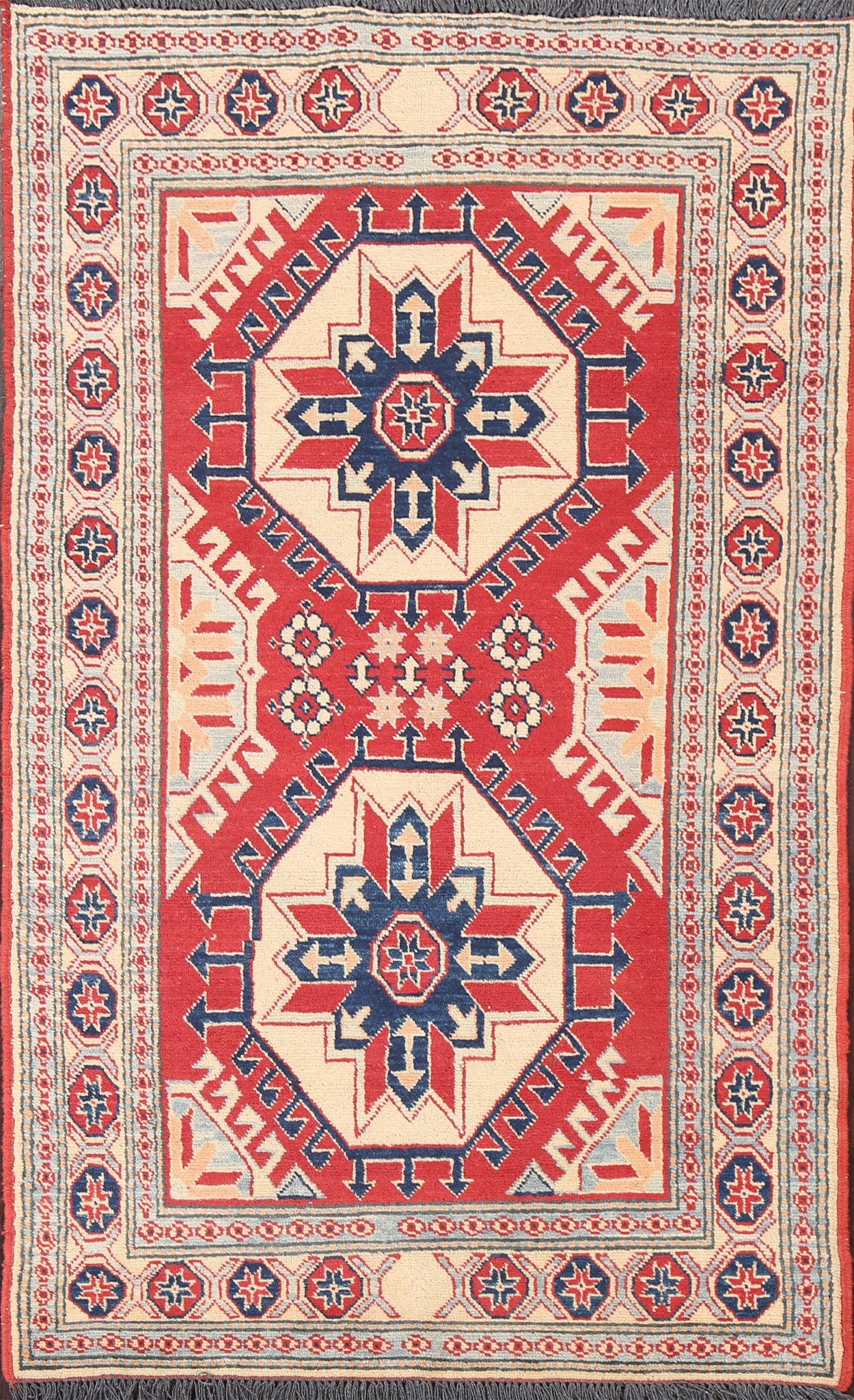 Red Geometric Kazak Wool Area Rug 3x6