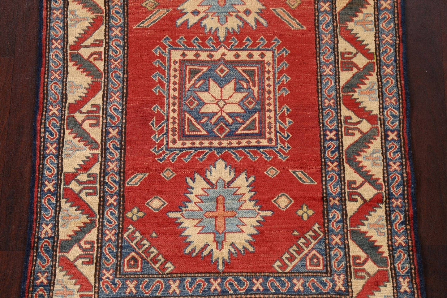 Red Geometric Kazak Handmade Rug 4x5