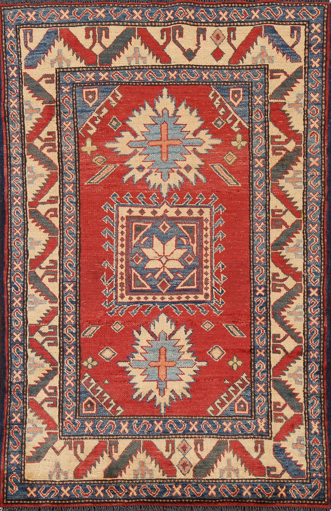 Red Geometric Kazak Handmade Rug 4x5