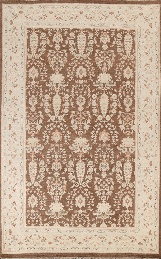 Brown Floral Oushak Chobi Wool Area Rug 6x9