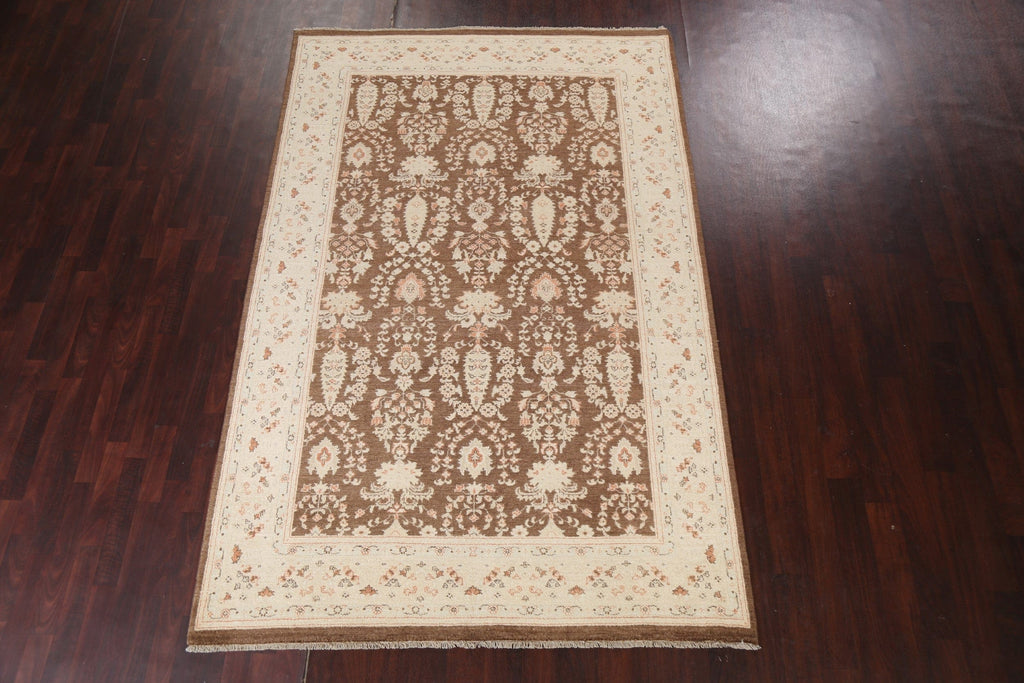 Brown Floral Oushak Chobi Wool Area Rug 6x9