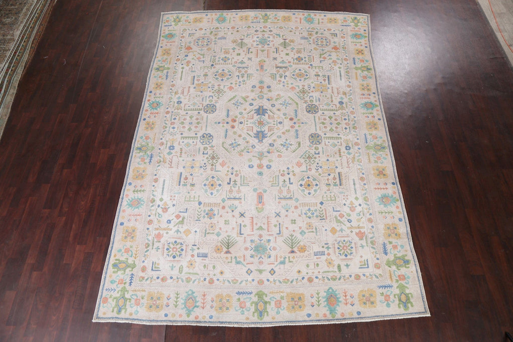 Distressed Geometric Tabriz Persian Area Rug 9x12