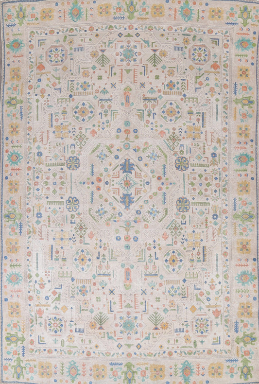 Distressed Geometric Tabriz Persian Area Rug 9x12