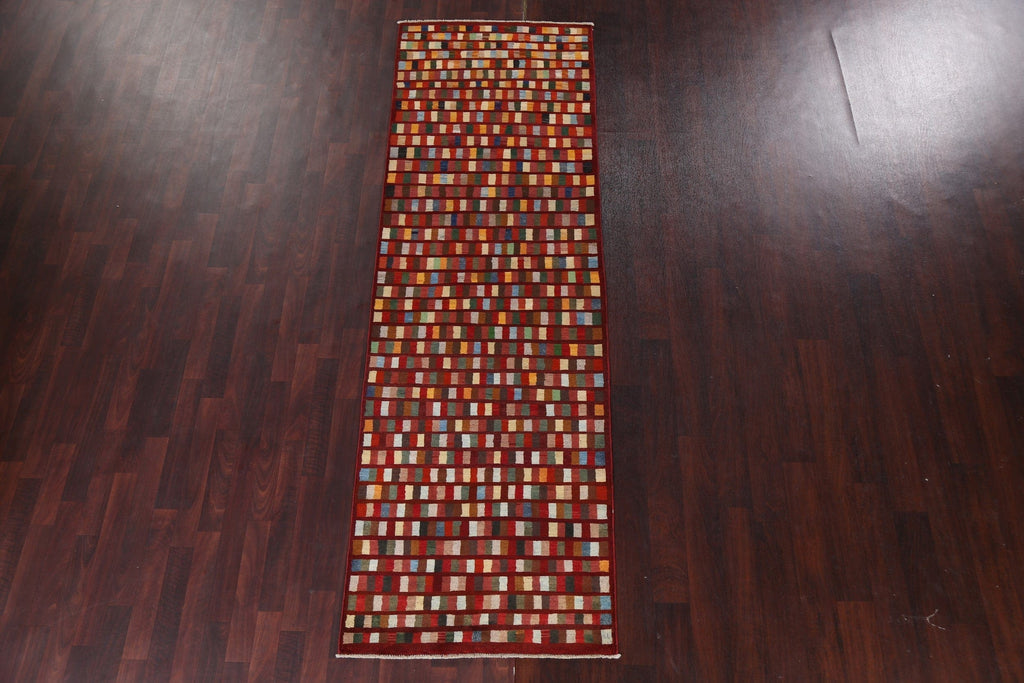 Checkered Gabbeh Kashkoli Wool Runner Rug 3x9