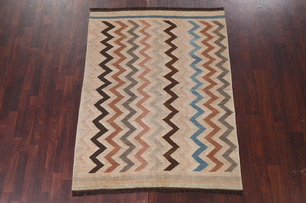 Natural Dye Chevron Style Kilim Wool Area Rug 5x7