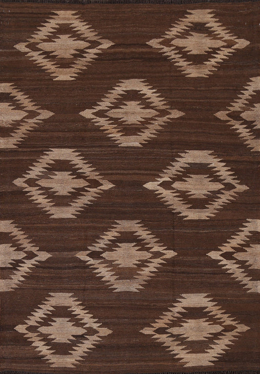 Natural Dye Brown Kilim Wool Area Rug 5x7