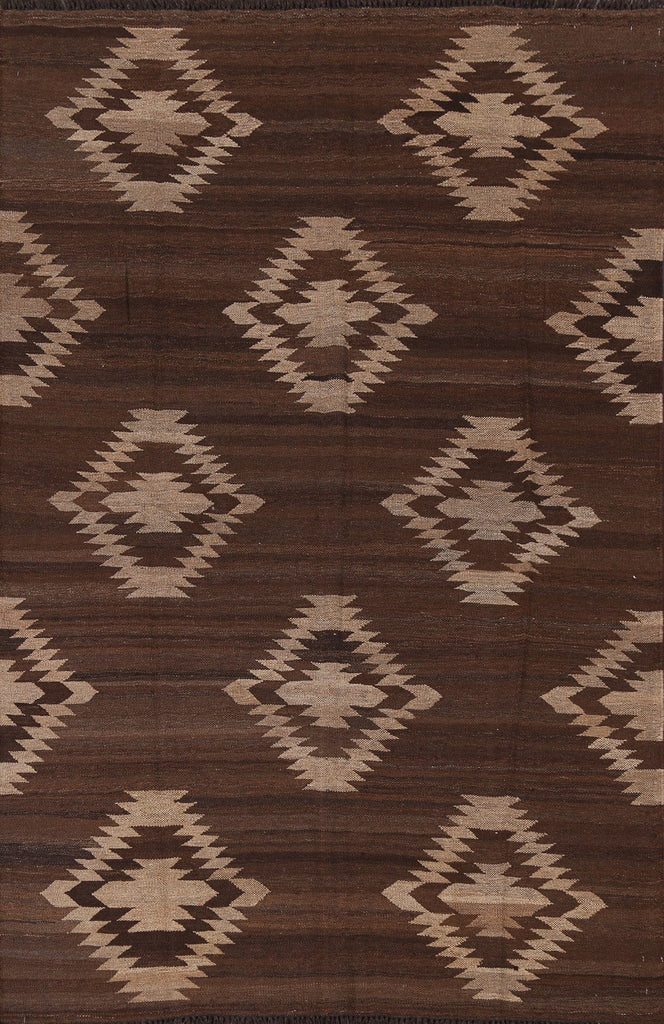 Brown Natural Dye Kilim Wool Area Rug 5x7