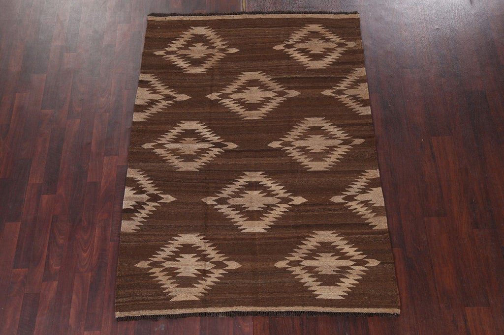 Earth-Tone Natural Dye Kilim Wool Area Rug 5x7