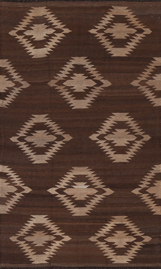 Natural Dye Brown Kilim Wool Area Rug 5x7