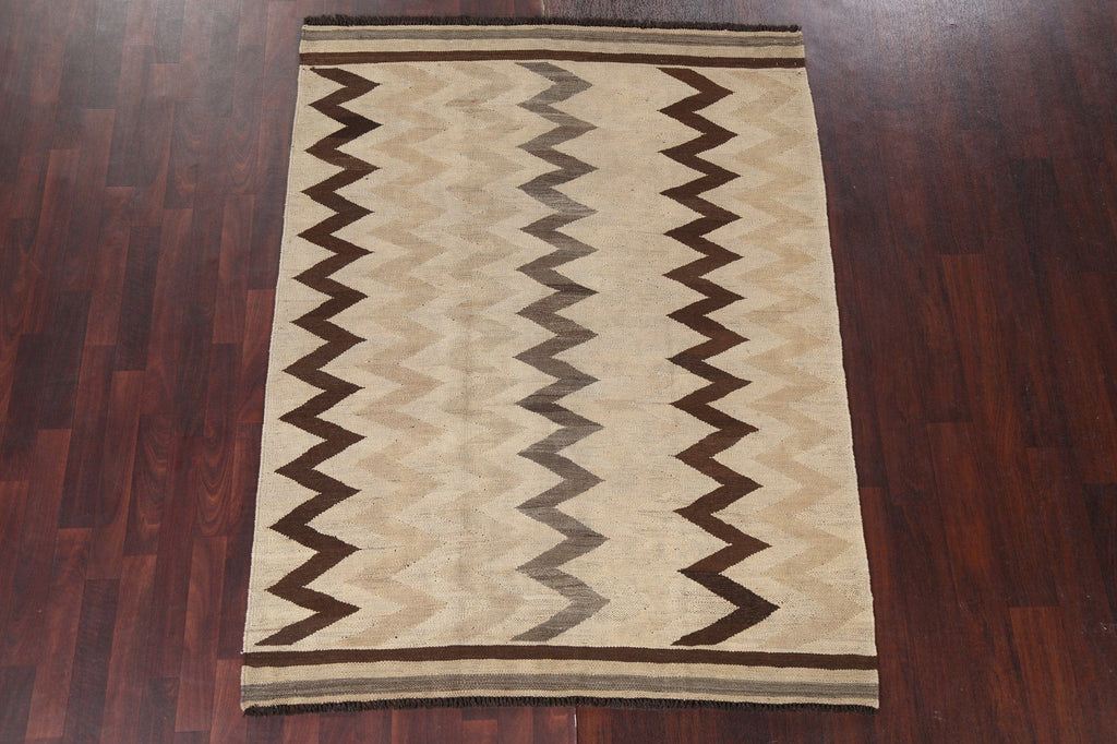 Natural Dye Chevron Style Kilim Wool Area Rug 5x7