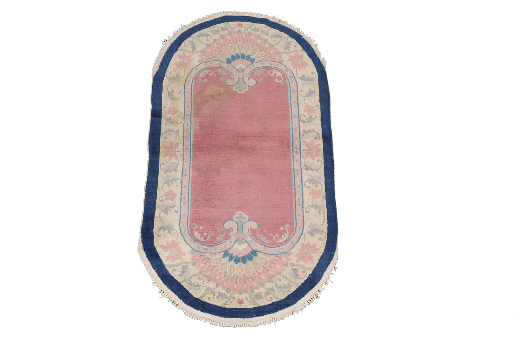 Vegetable Dye Pink Art Deco Handmade Wool Rug 3x6