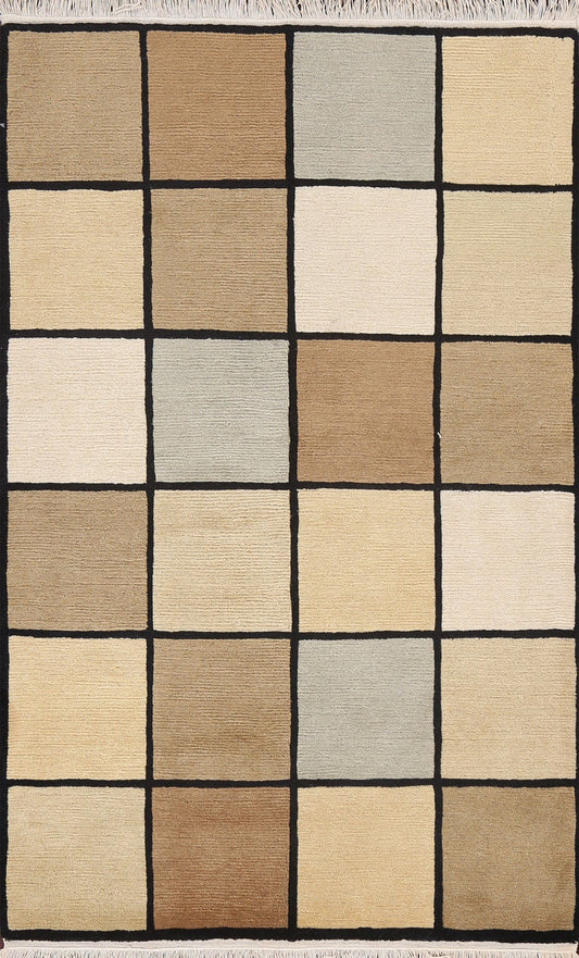 Vegetable Dye Earth-Tone Nepalese Checkered Area Rug 4x6