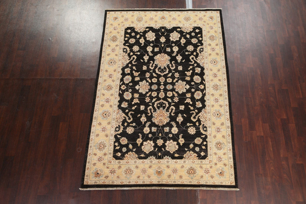 Vegetable Dye Chobi Peshawar Floral Black Area Rug 6x9