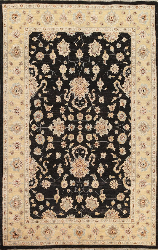 Vegetable Dye Chobi Peshawar Floral Black Area Rug 6x9