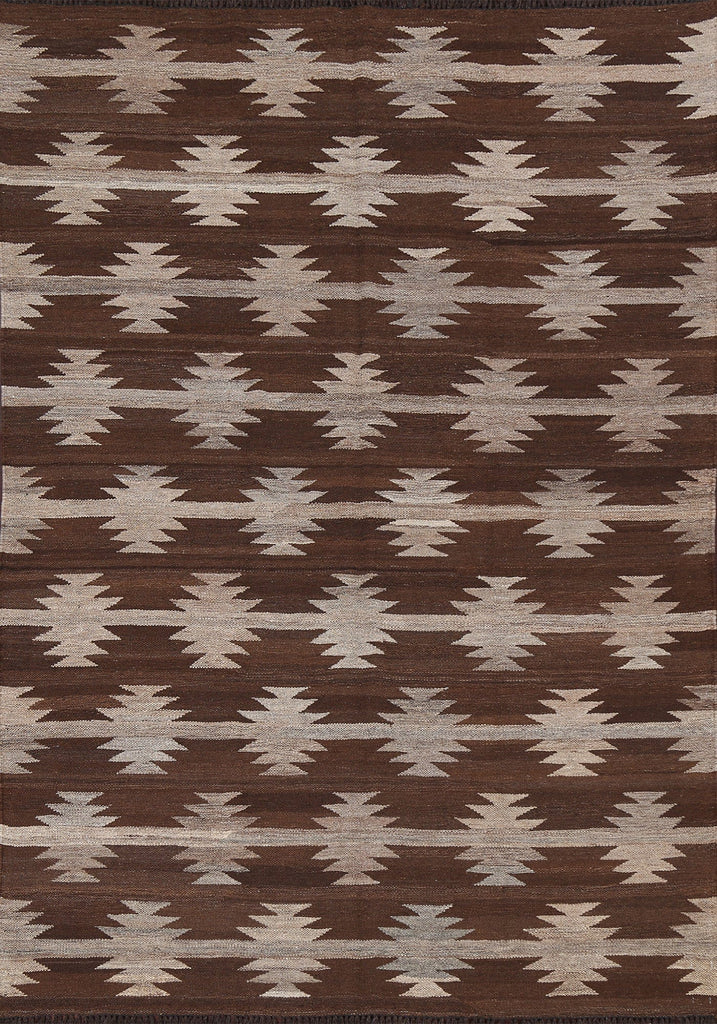 Brown Geometric Kilim Natural Dye Area Rug 5x7