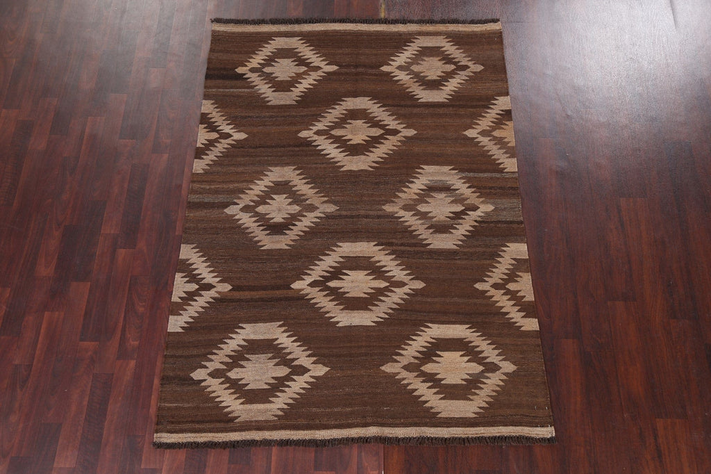 Natural Dye Brown Kilim Wool Area Rug 5x7