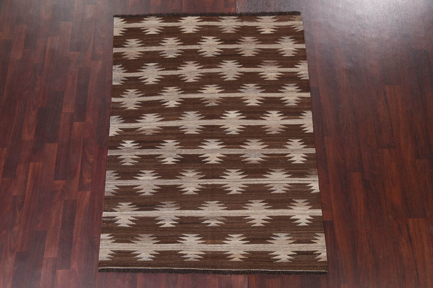 Natural Dye Brown Kilim Wool Area Rug 5x6