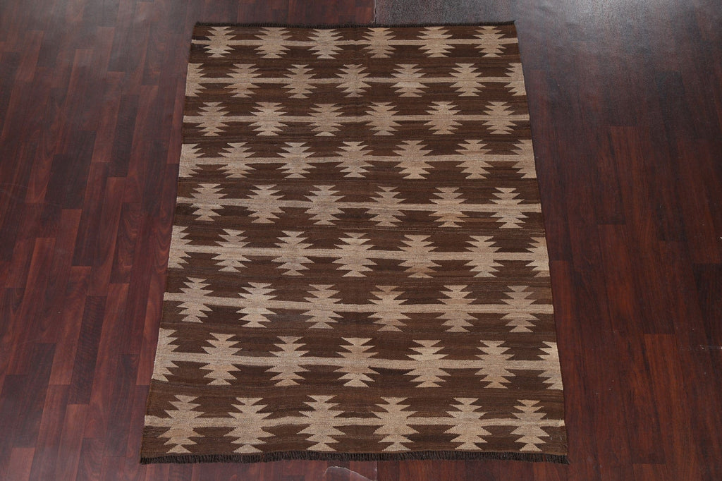 Natural Dye Brown Kilim Wool Area Rug 5x7