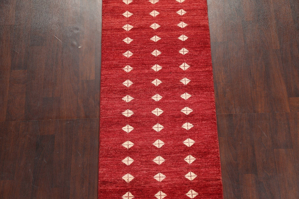 Geometric Red Gabbeh Kashkoli Oriental Runner Rug 3x8