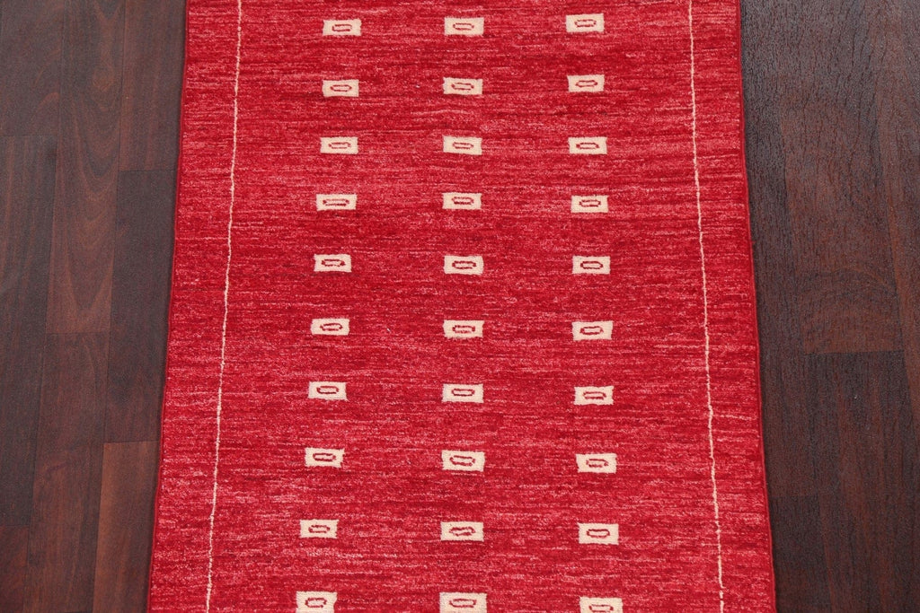 Geometric Red Gabbeh Kashkoli Oriental Runner Rug 3x8