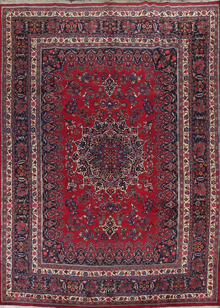 Red Handmade Wool Mashad Signed Persian Rug 10x13