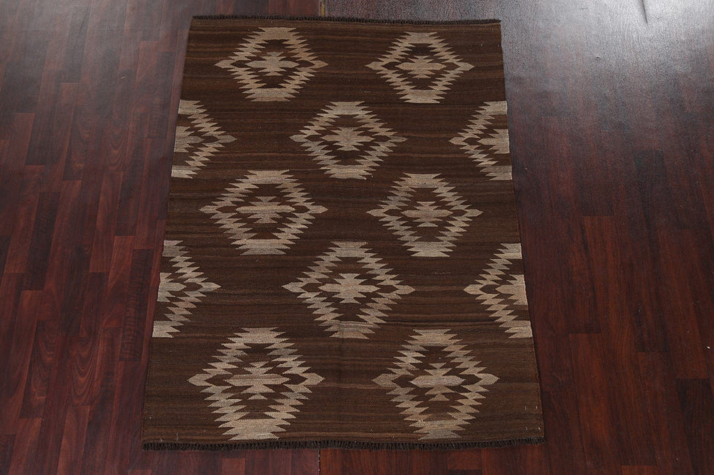 Natural Dye Brown Kilim Oriental Wool Rug 4x6