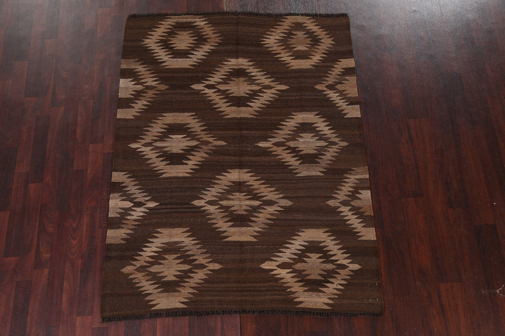 Natural Dye Tribal Kilim Brown Oriental Rug 5x6