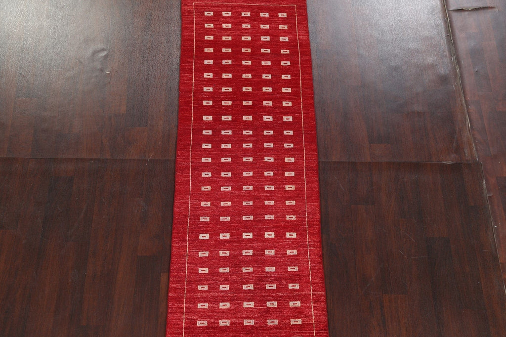 Red Geometric Gabbeh Kashkoli Oriental Runner Rug 3x8