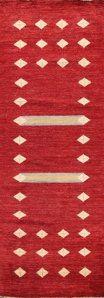 Geometric Red Gabbeh Kashkoli Oriental Runner Rug 3x8