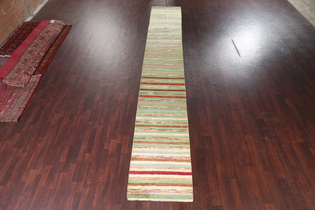 Green Striped Gabbeh Kashkoli Oriental Runner Rug 3x18