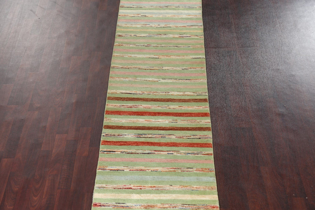 Green Striped Gabbeh Kashkoli Oriental Runner Rug 3x18