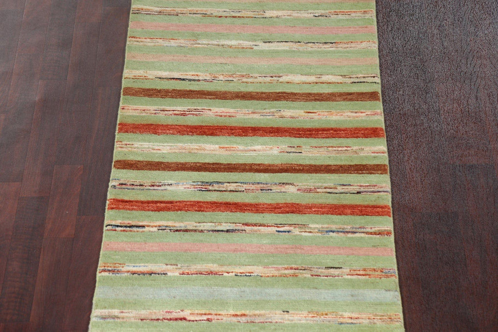 Green Striped Gabbeh Kashkoli Oriental Runner Rug 3x18