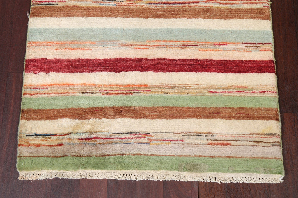 Green Striped Gabbeh Kashkoli Oriental Runner Rug 3x18